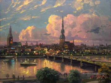 Coucher de soleil sur le paysage urbain de Riga Peinture à l'huile